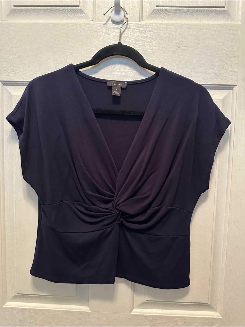 Halogen Navy Twist-Front V-Neck Short Sleeve Top Size M